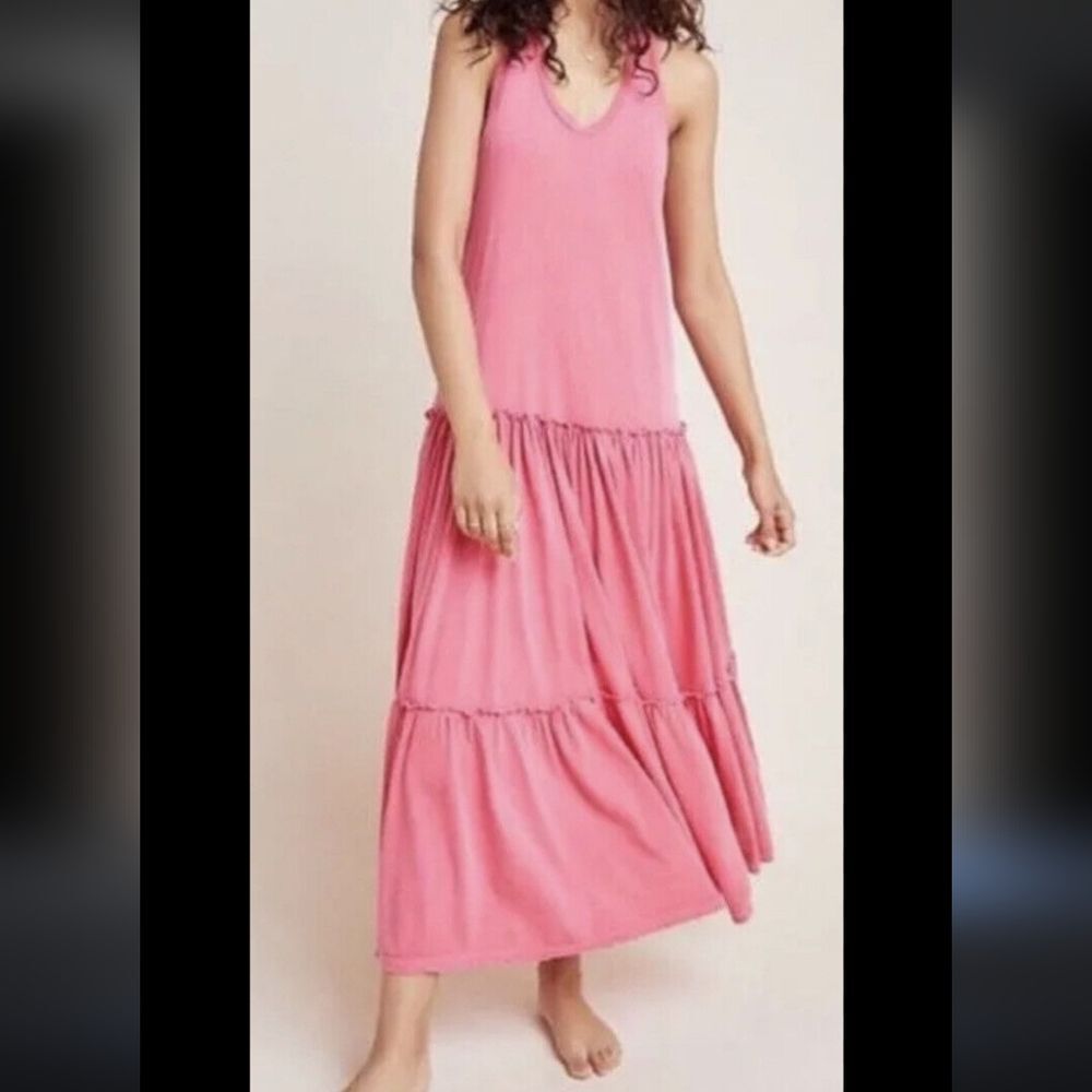 Anthropologie Sundry Pink Racer Back Tiered Ruffle Maxi Dress Size M